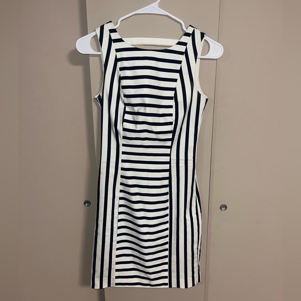 Navy blue and white striped mini dress